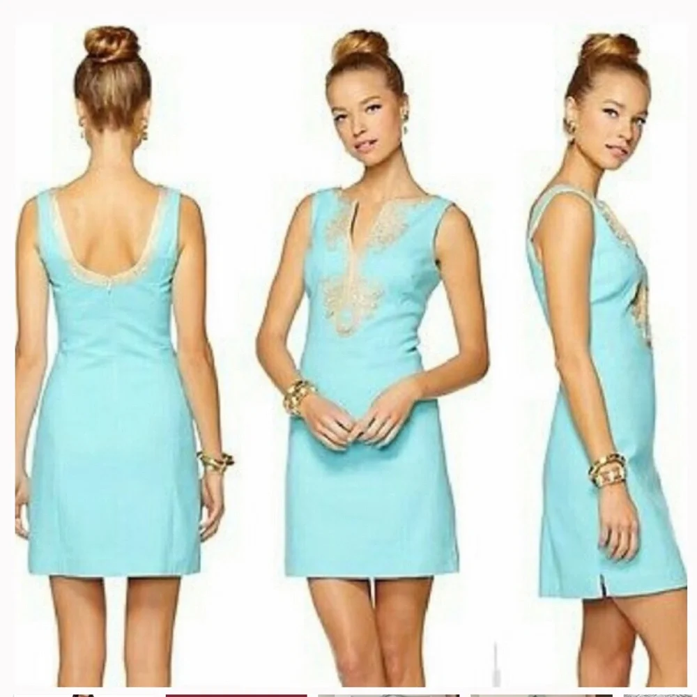 Lilly Pulitzer Janice Shift Dress in Shorely Blue with Metallic Gold N… - Picture 1 of 10